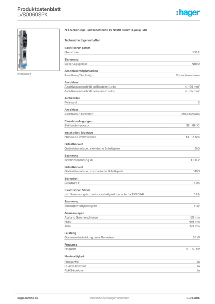 Bild Hager Produktdatenblatt LVS0060SPX | Hager Schweiz