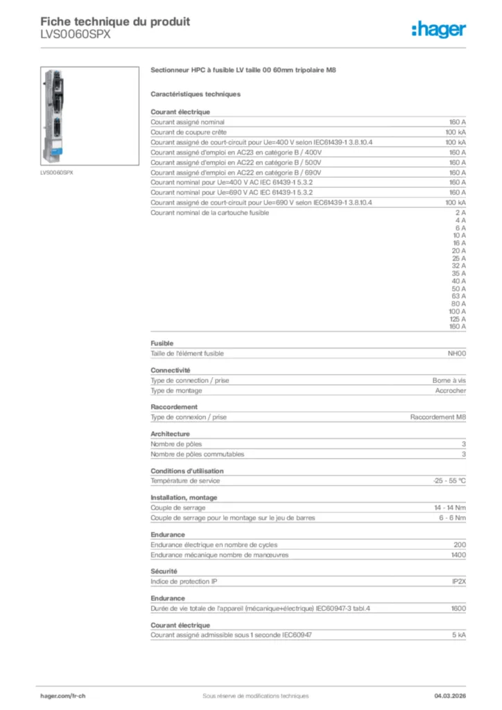Image Hager Fiche technique du produit LVS0060SPX | Hager Suisse