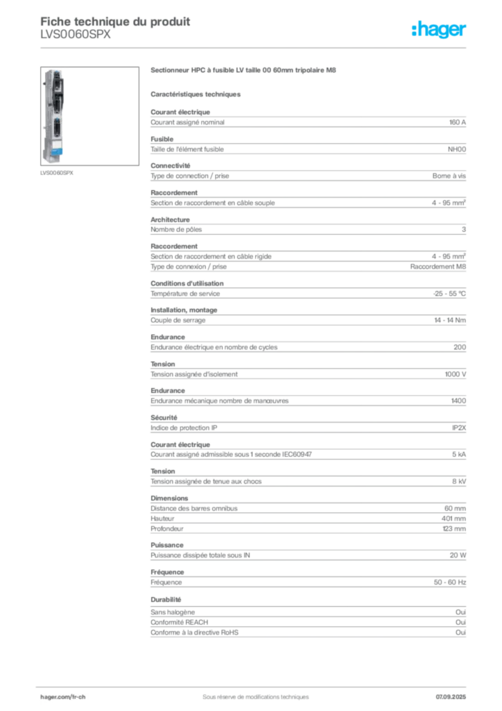 Image Hager Fiche technique du produit LVS0060SPX | Hager Suisse