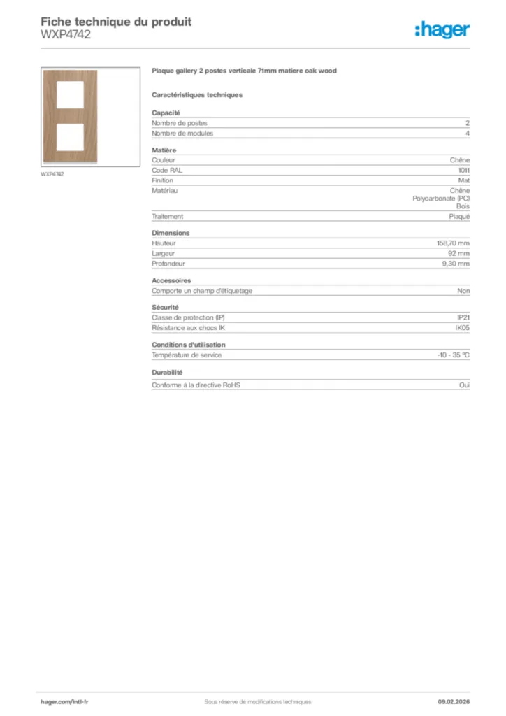 Image Hager Fiche technique du produit WXP4742 | Hager Afrique