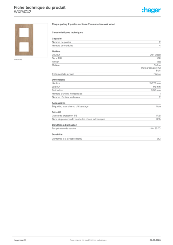 Image Hager Fiche technique du produit WXP4742 | Hager France