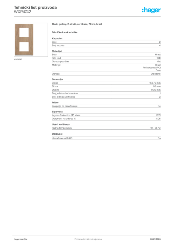 Slika Hager Product data sheet WXP4742  | Hager