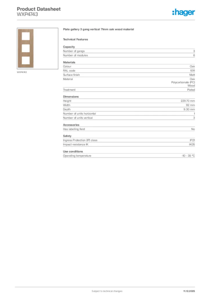 Image Hager Product data sheet WXP4743  | Hager Africa