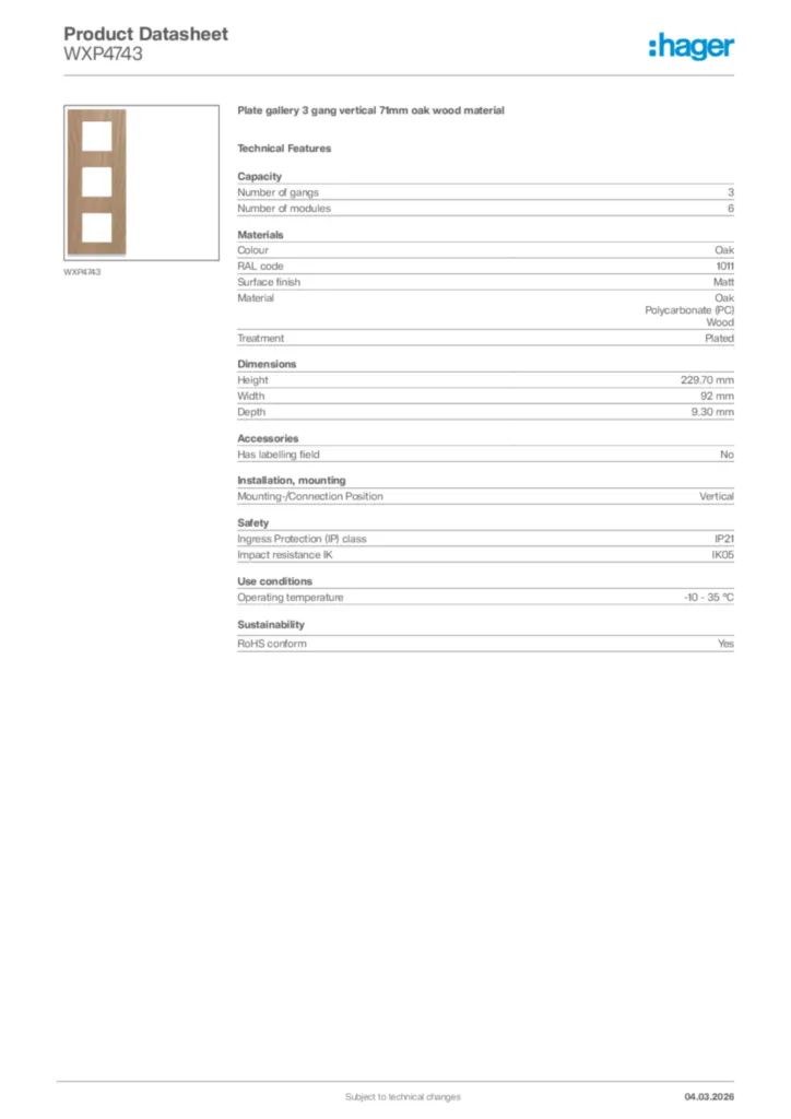 Image Hager Product data sheet WXP4743  | Hager Africa