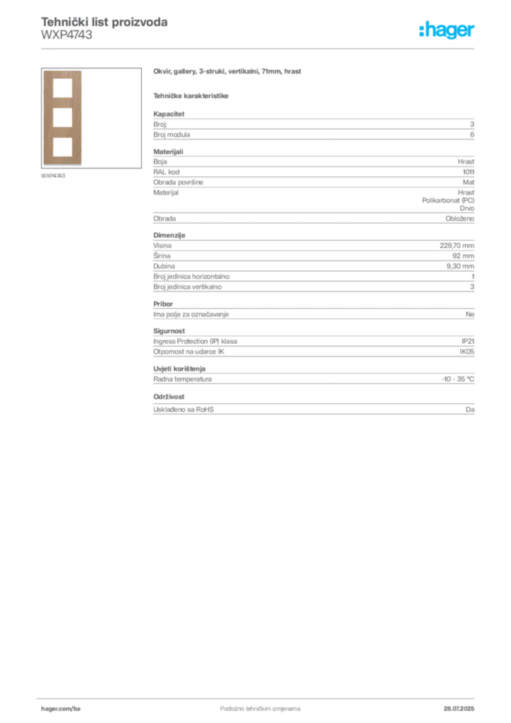 Slika Hager Product data sheet WXP4743  | Hager