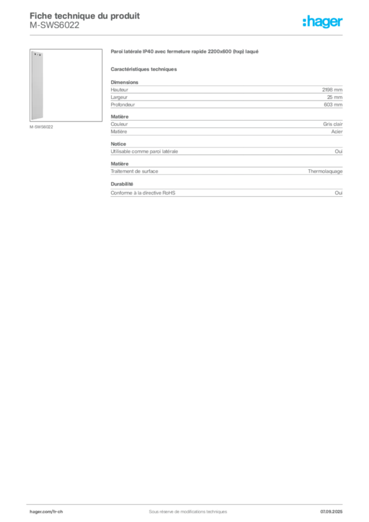 Image Hager Fiche technique du produit M-SWS6022 | Hager Suisse