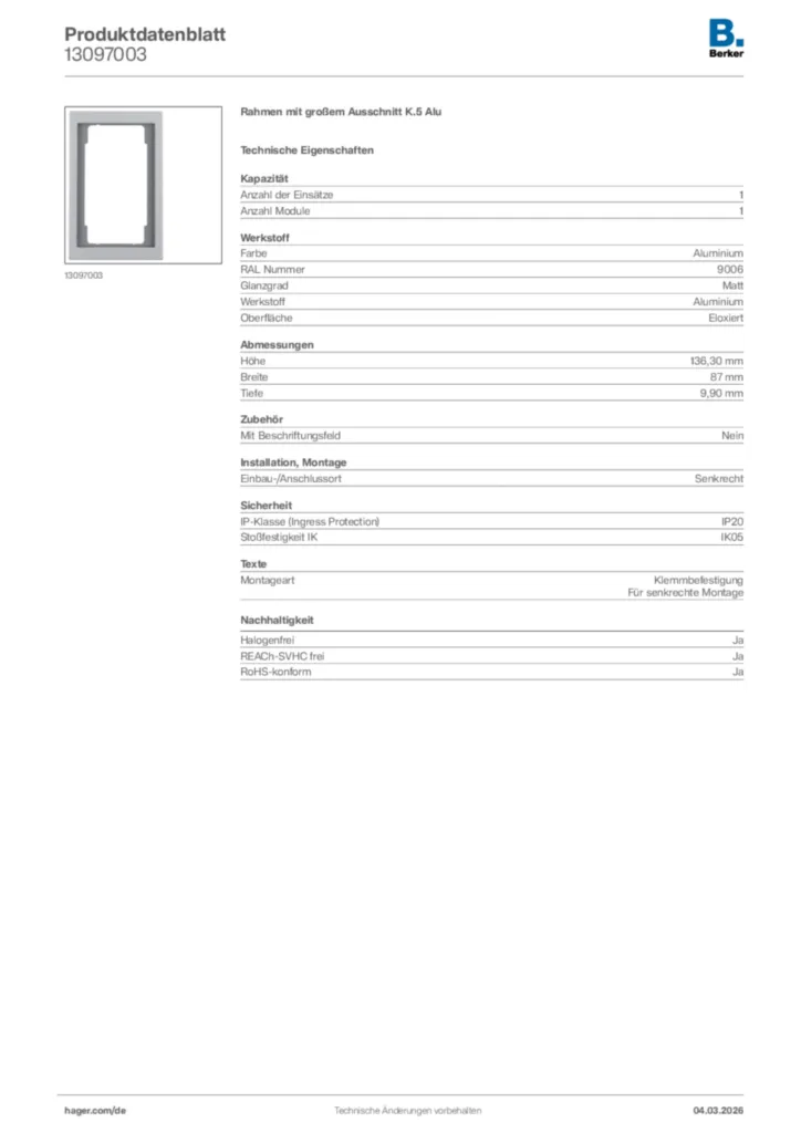 Bild Berker Produktdatenblatt 13097003 | Hager Deutschland