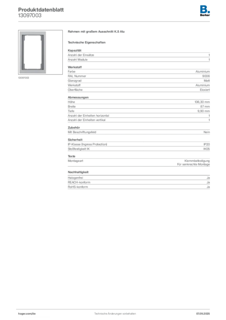 Bild Berker Produktdatenblatt 13097003 | Hager Deutschland
