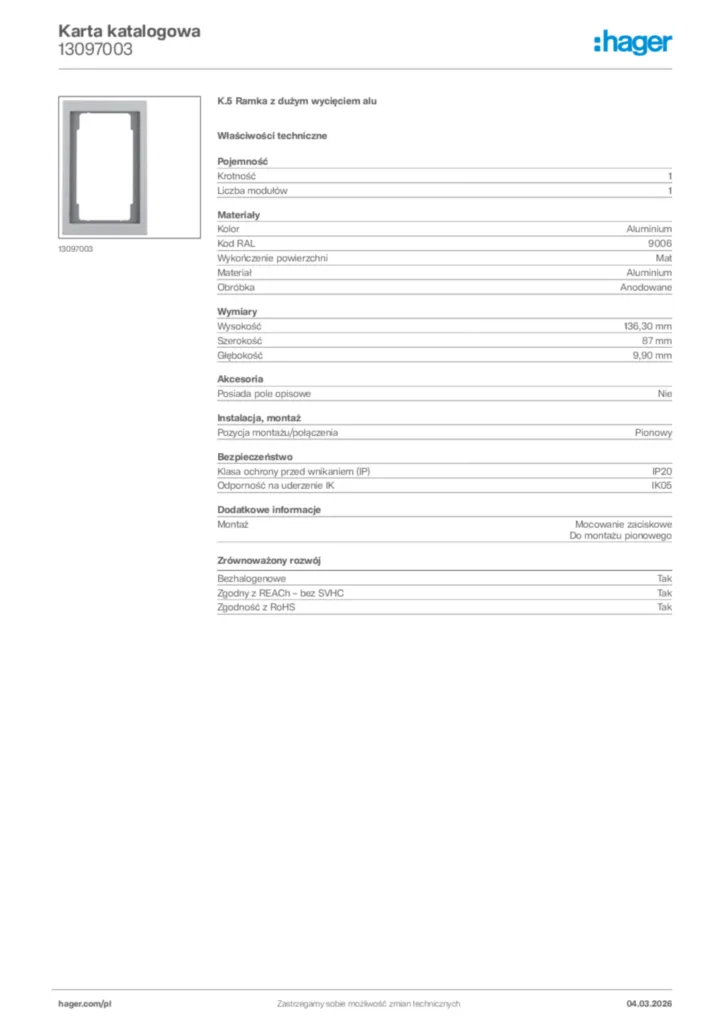 Zdjęcie Hager Karta katalogowa 13097003 | Hager Polska