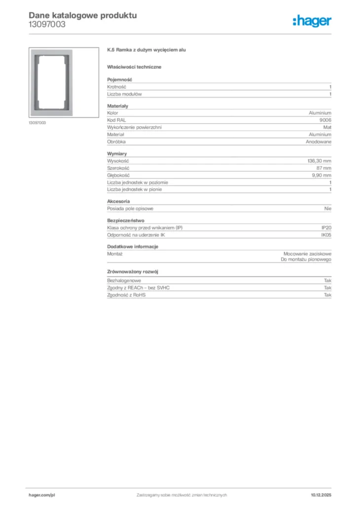 Zdjęcie Hager Dane katalogowe produktu 13097003 | Hager Polska
