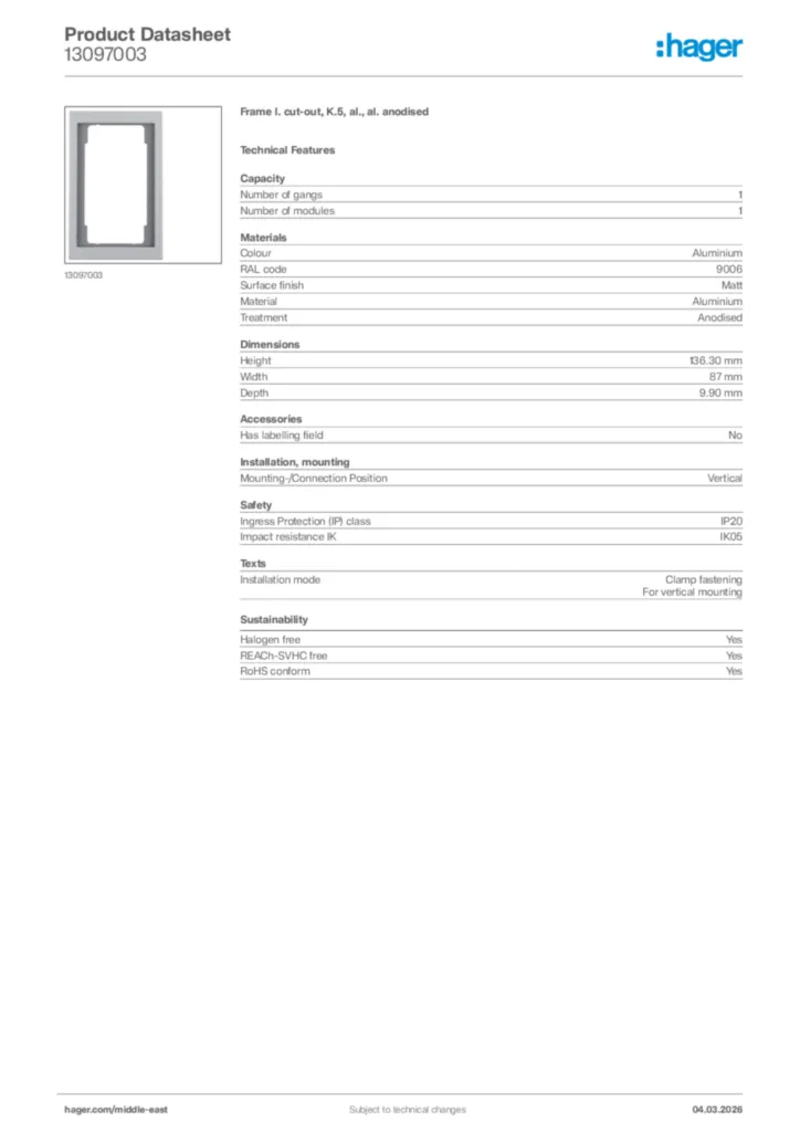 Image Hager Product data sheet 13097003  | Hager
