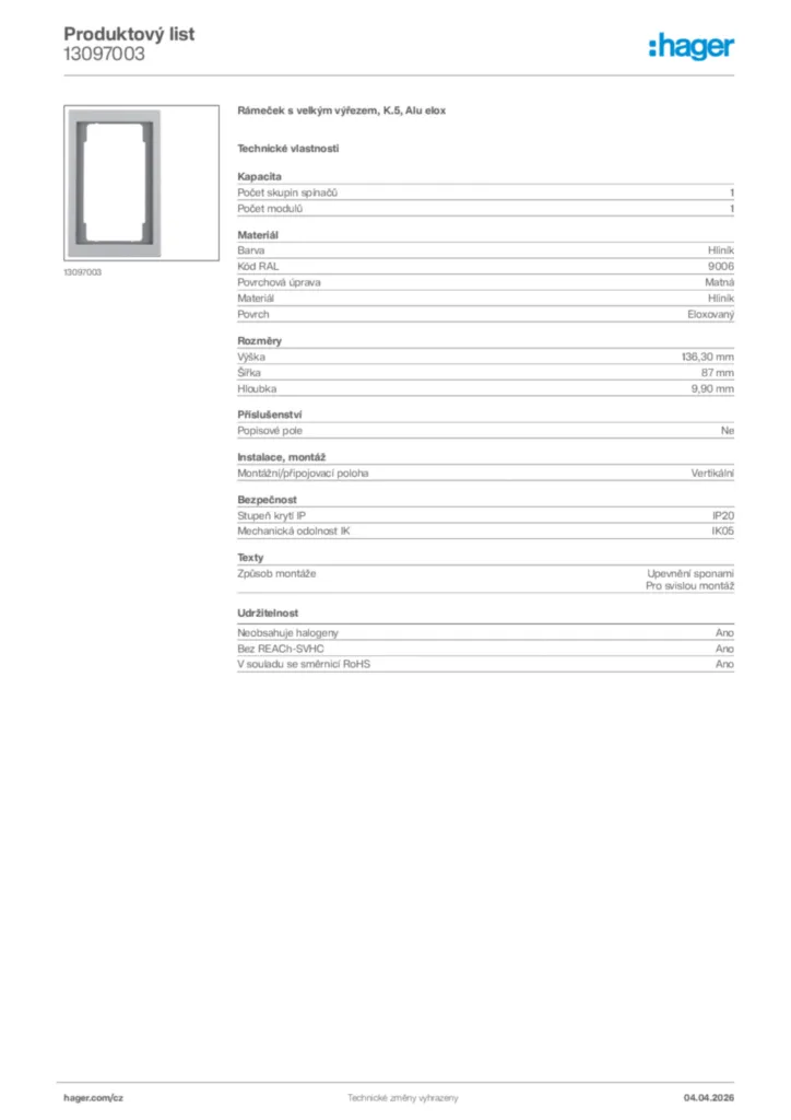 Obrázek Hager Product data sheet 13097003 | Hager