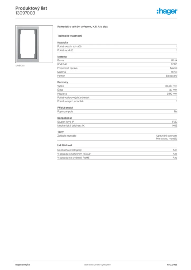 Obrázek Hager Produktový list 13097003 | Hager