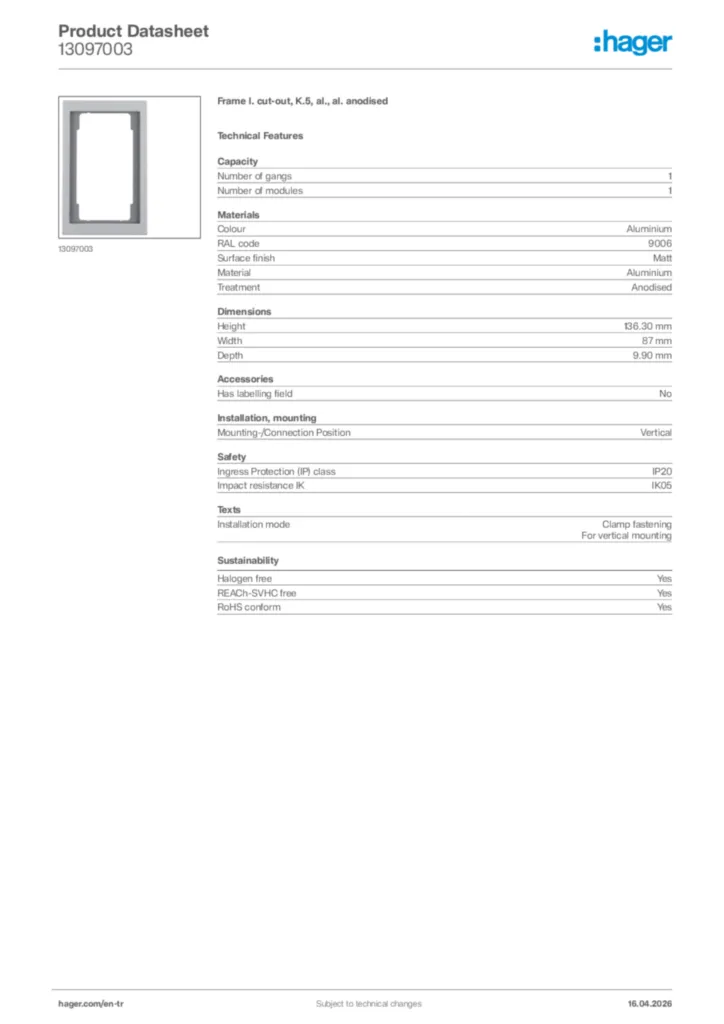 Image Hager Product data sheet 13097003  | Hager