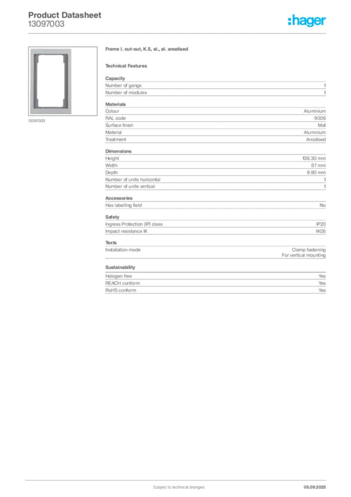 Image Hager Product data sheet 13097003  | Hager