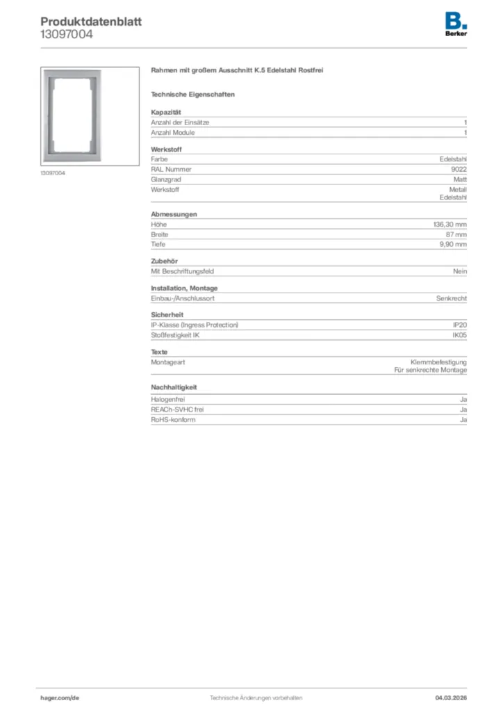 Bild Berker Produktdatenblatt 13097004 | Hager Deutschland