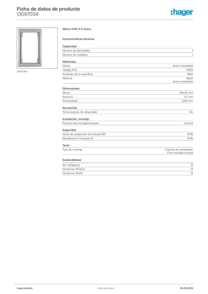 Imagen Hager Ficha de datos de producto 13097004 | Hager España