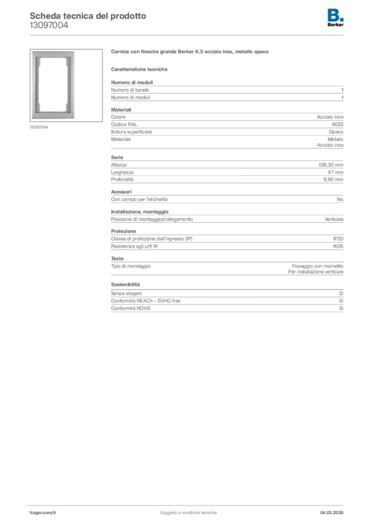 Immagine Berker Scheda tecnica del prodotto 13097004 | Hager Italia