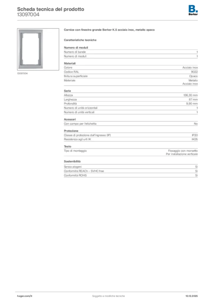 Immagine Berker Scheda tecnica del prodotto 13097004 | Hager Italia