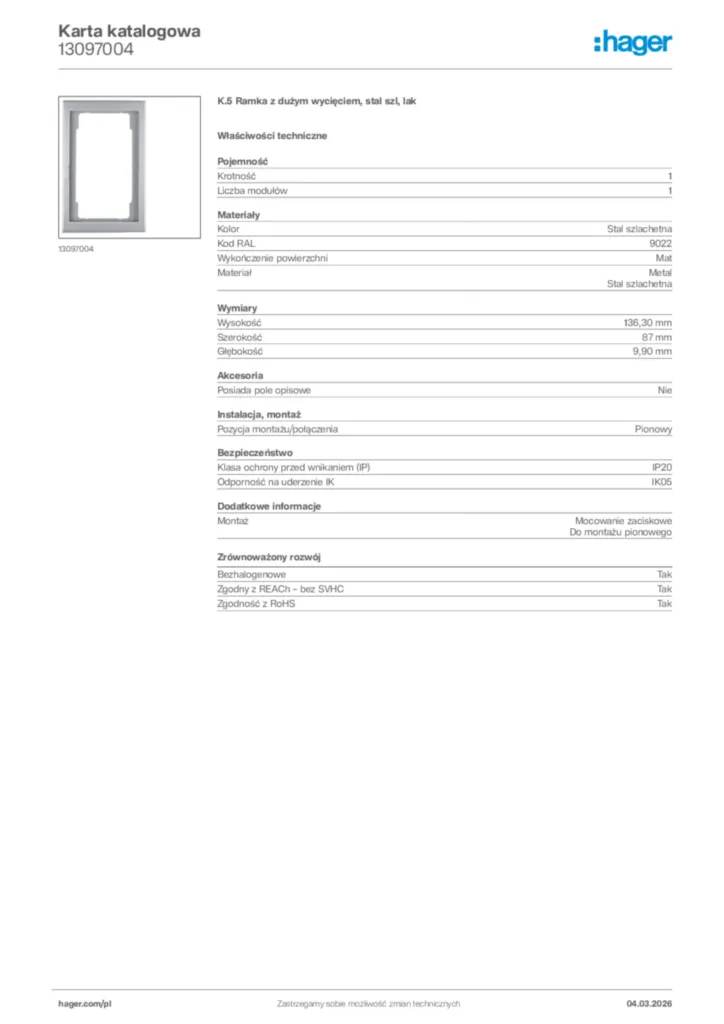 Zdjęcie Hager Karta katalogowa 13097004 | Hager Polska