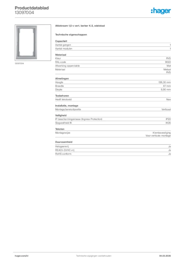 Afbeelding Hager Productdatablad 13097004 | Hager Nederland