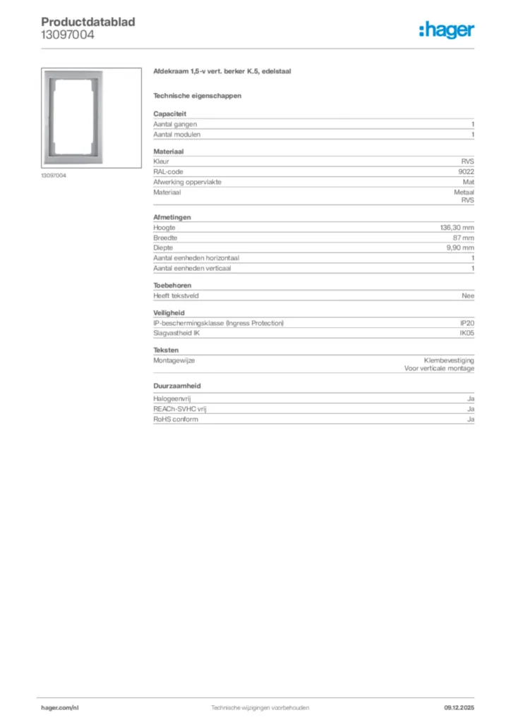 Afbeelding Hager Productdatablad 13097004 | Hager Nederland