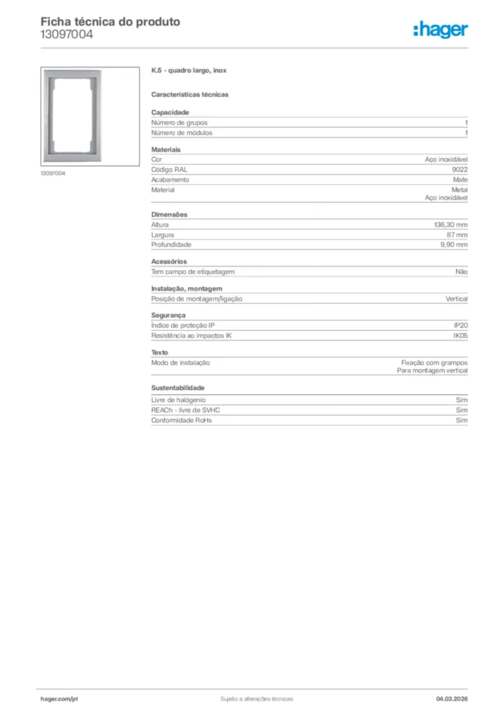 Imagem Hager Ficha técnica do produto 13097004 | Hager Portugal