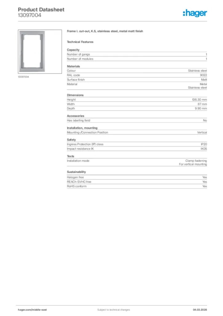 Image Hager Product data sheet 13097004  | Hager