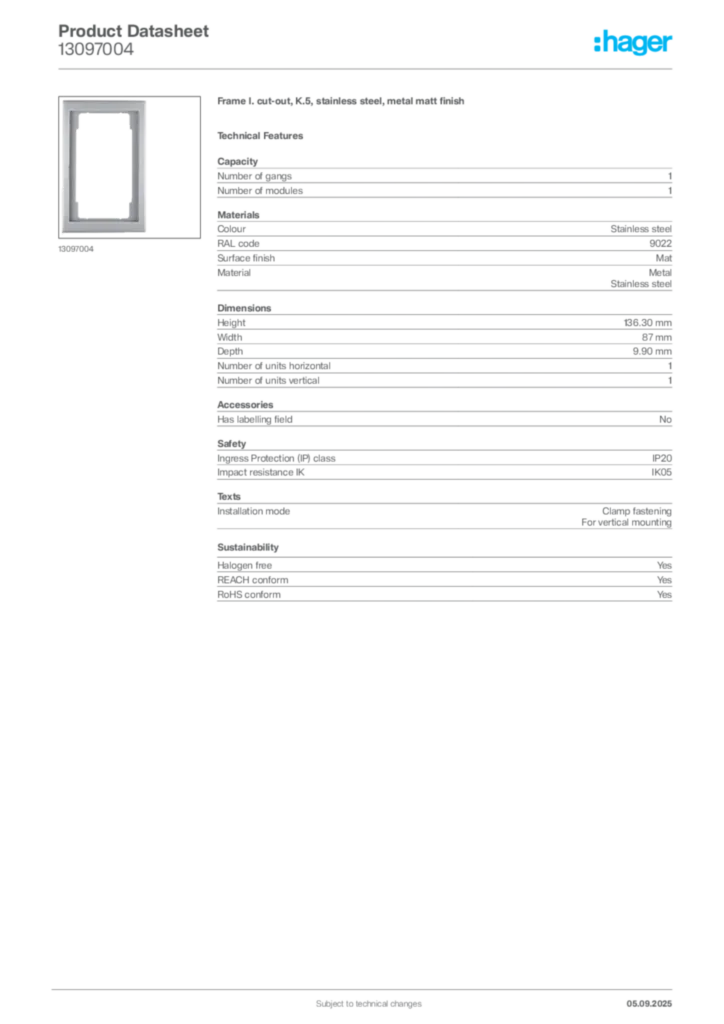 Image Hager Product data sheet 13097004  | Hager