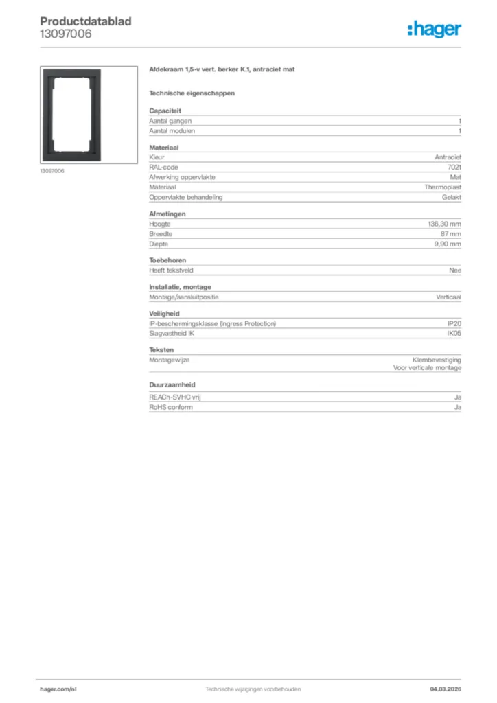 Afbeelding Hager Productdatablad 13097006 | Hager Nederland