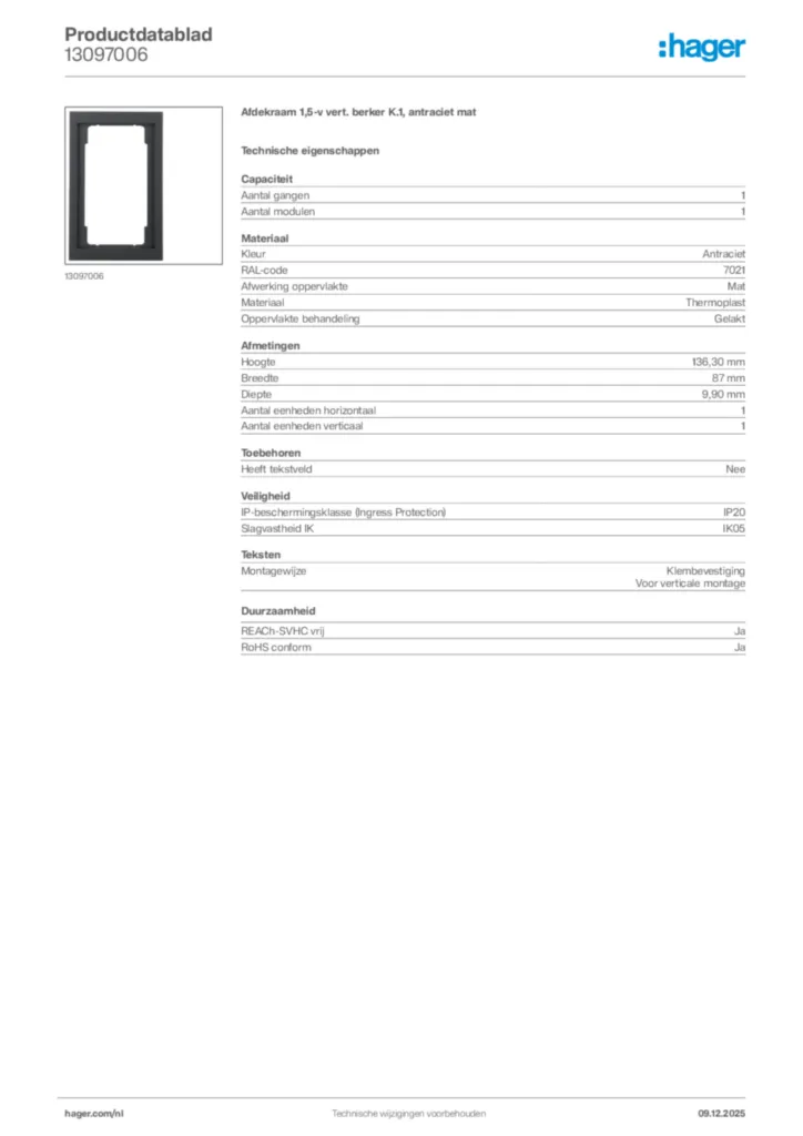 Afbeelding Hager Productdatablad 13097006 | Hager Nederland