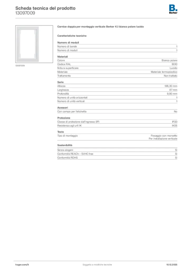 Immagine Berker Scheda tecnica del prodotto 13097009 | Hager Italia