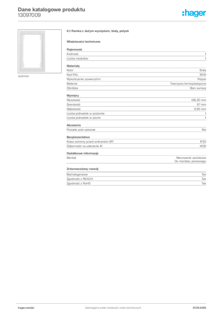 Zdjęcie Hager Dane katalogowe produktu 13097009 | Hager Polska