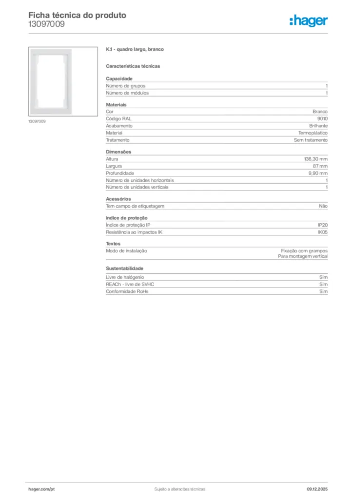 Imagem Hager Ficha técnica do produto 13097009 | Hager Portugal