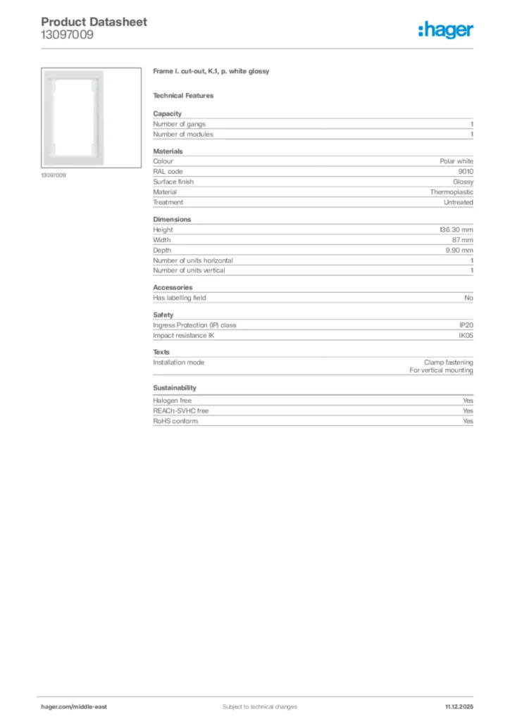 Image Hager Product data sheet 13097009  | Hager