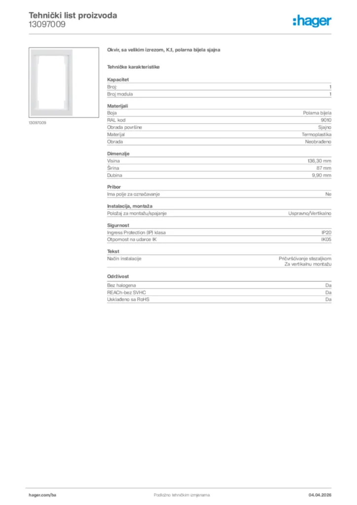 Slika Hager Tehnički list proizvoda 13097009  | Hager