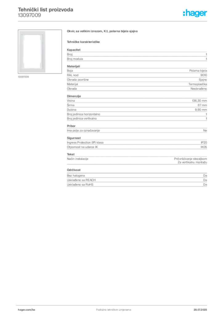 Slika Hager Product data sheet 13097009  | Hager