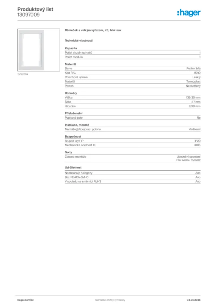 Obrázek Hager Product data sheet 13097009 | Hager