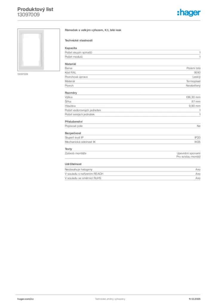 Obrázek Hager Produktový list 13097009 | Hager