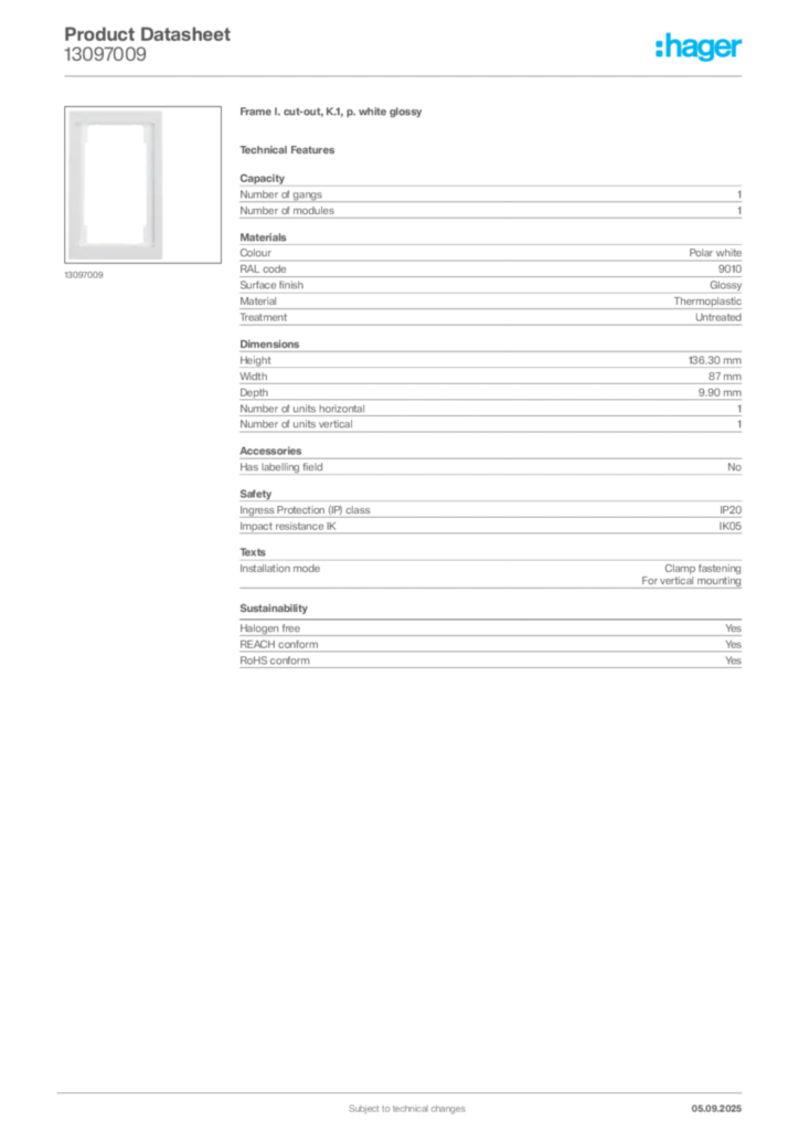 Image Hager Product data sheet 13097009  | Hager