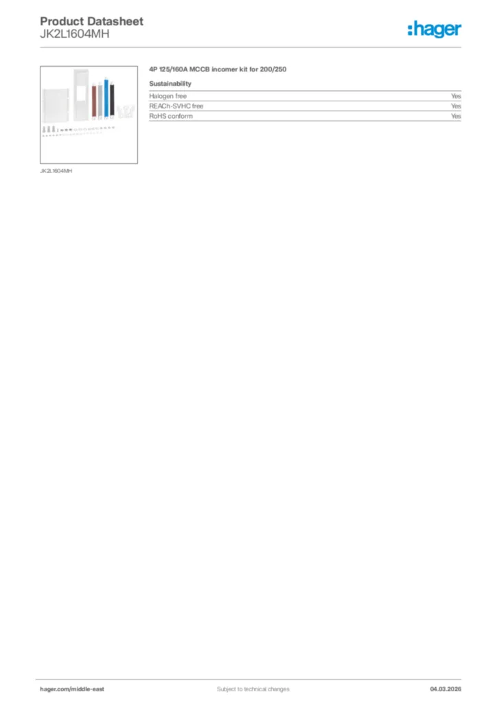 Image Hager Product data sheet JK2L1604MH  | Hager
