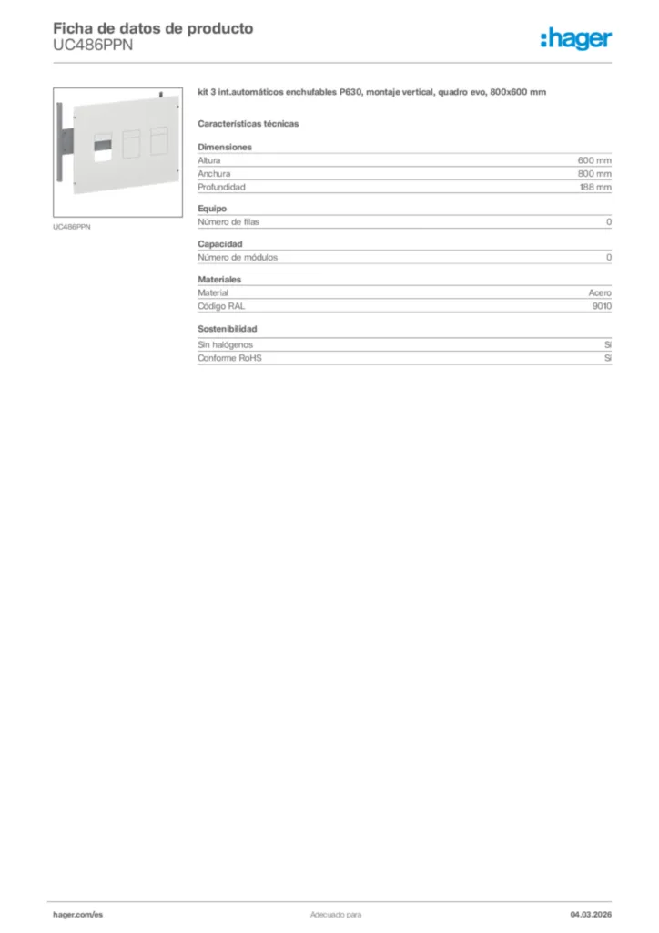 Imagen Hager Ficha de datos de producto UC486PPN | Hager España