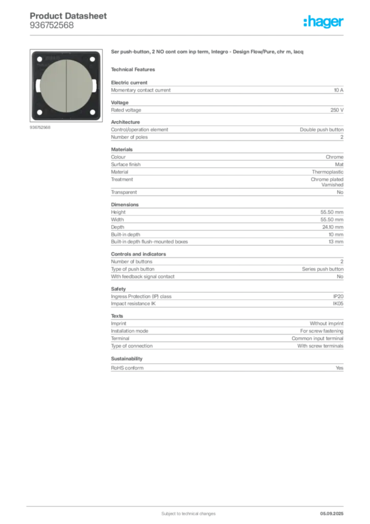 Image Hager Product data sheet 936752568  | Hager