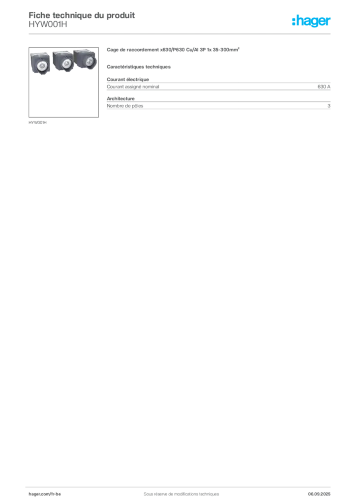 Image Hager Fiche technique du produit HYW001H | Hager Belgique