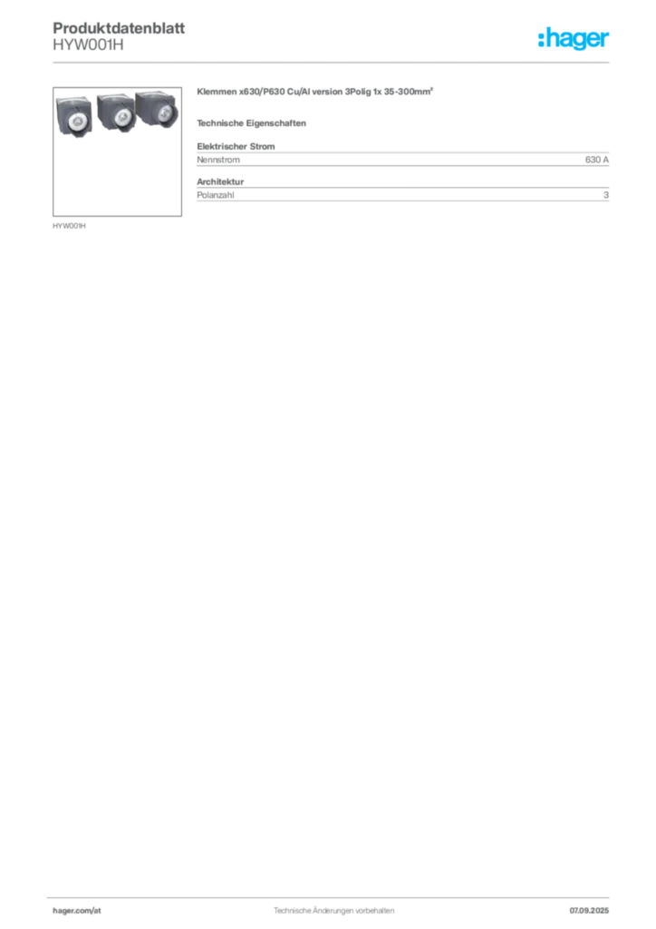 Bild Hager Produktdatenblatt HYW001H | Hager Deutschland