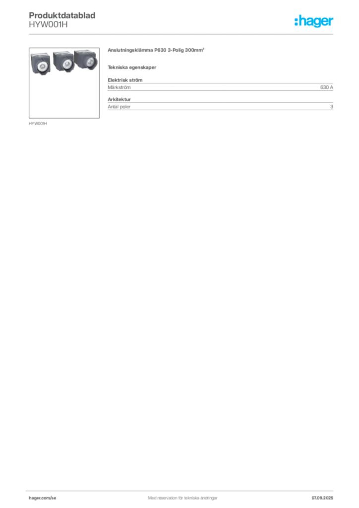 Bild Hager Produktdatablad HYW001H | Hager Sverige