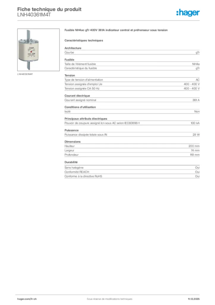 Image Hager Fiche technique du produit LNH40361M4T | Hager Suisse