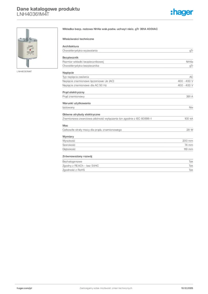 Zdjęcie Hager Dane katalogowe produktu LNH40361M4T | Hager Polska