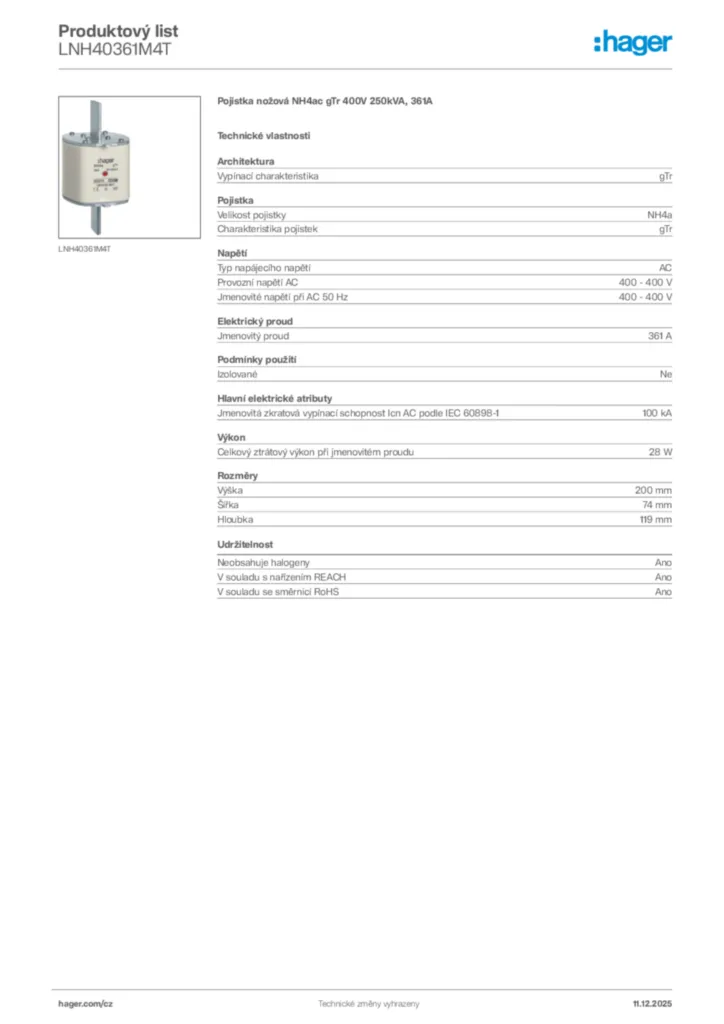 Obrázek Hager Produktový list LNH40361M4T | Hager