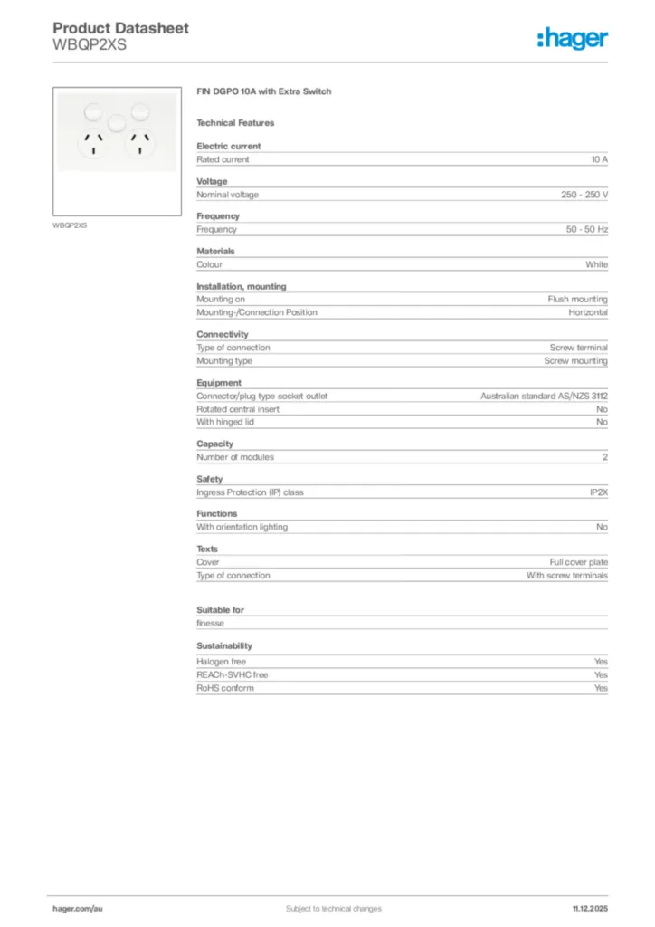 Image Hager Product data sheet WBQP2XS  | Hager Australia